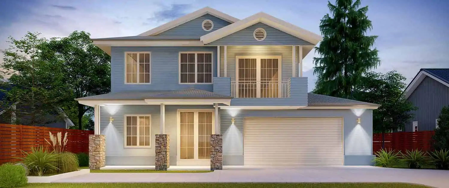 Large blue two storey home with pillars