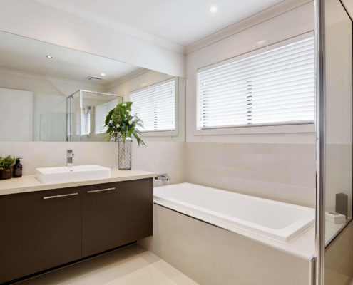 Modern, light bathroom.