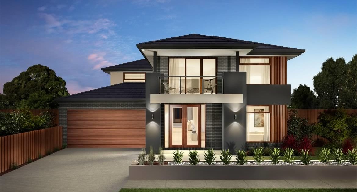 Grey two storey home with brown garage and door