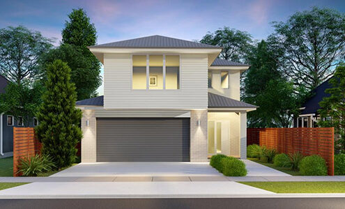 Front view of a brightly lit off-white home with grey garage door | Feature Image Ascot 24