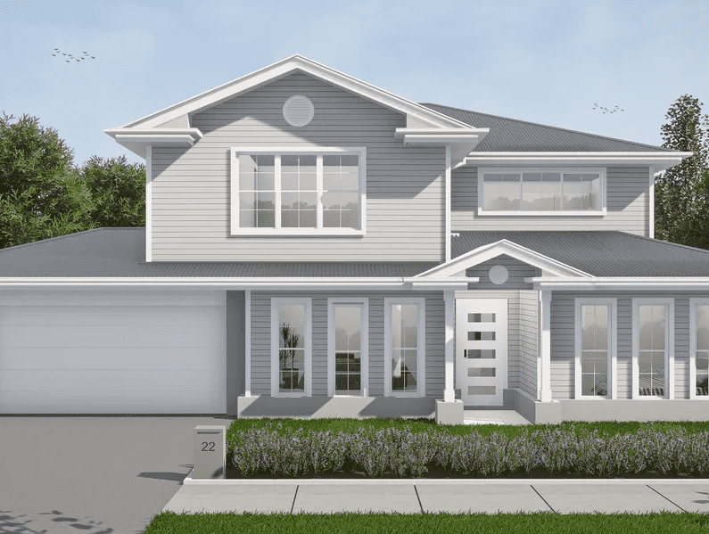 New home painted grey with white trim and white garage door | Feature Image Benefits of House and Land Packages.