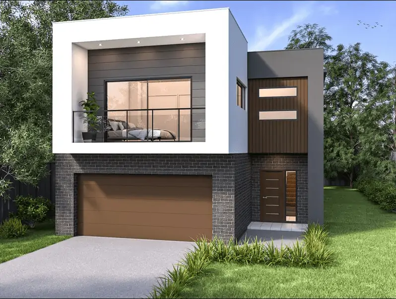 Modern two story brown brick home with brown garage door | Feature Image Benefits of House and Land Packages.