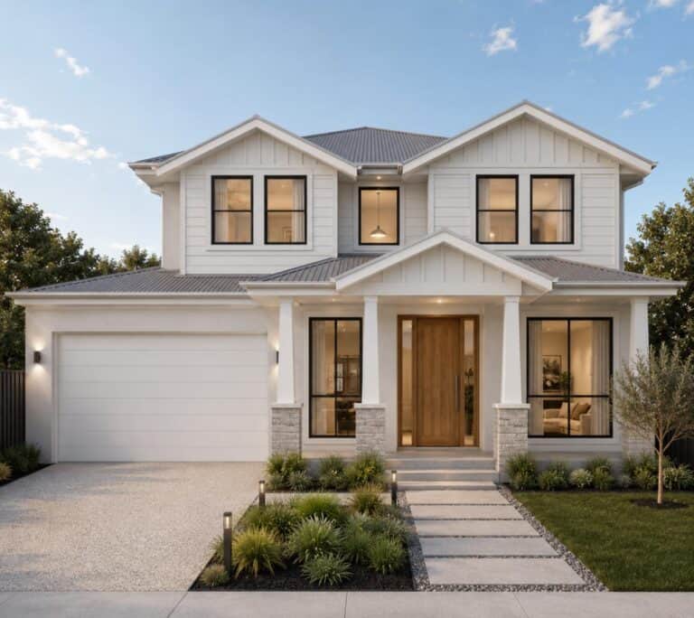 Arbor two-storey Hampton style home design with gabled portico in Ashgrove