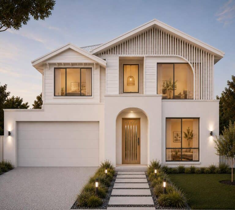 Ellery two-storey Hampton style home design with arched entry in Ashgrove