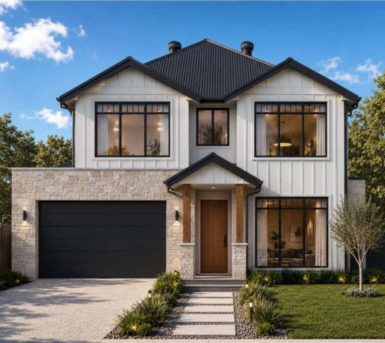 Frasers two-storey home design with stone base and board and batten cladding in Ashgrove