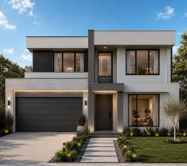 Grevillea two-storey home design with flat roof and dark accents in Ashgrove