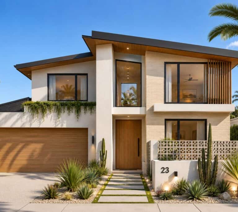 Jubilee two-storey home design with timber battens and skillion roof in Ashgrove