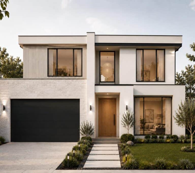 Linden two-storey home design with white stone and rendered facade in Ashgrove