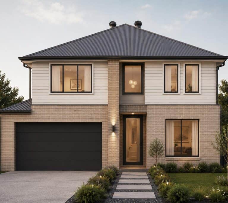Metro two-storey home design with brick and weatherboard facade in Ashgrove
