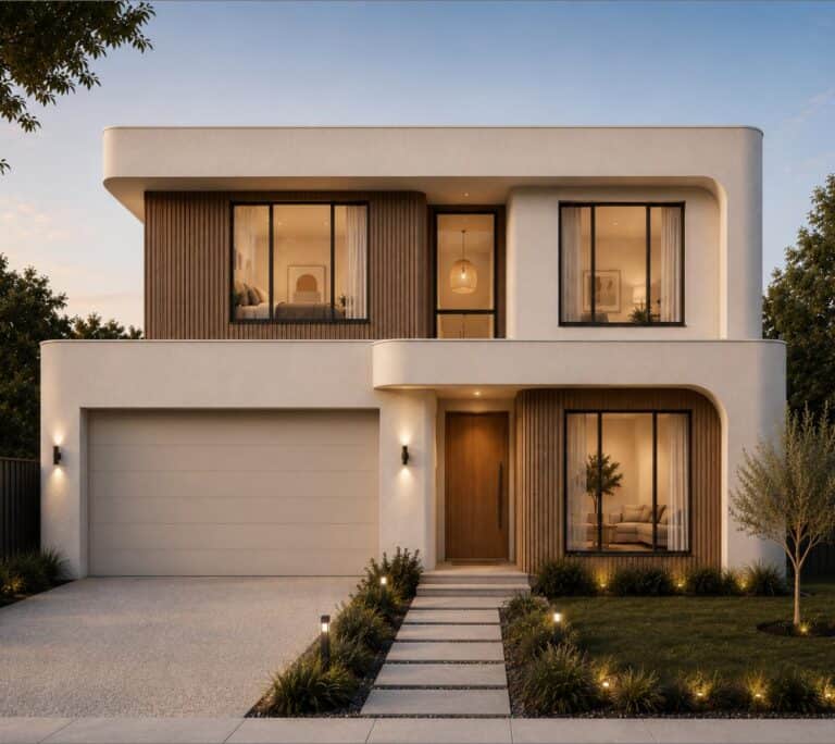 Oleander two-storey home design with curved render and timber battens in Ashgrove