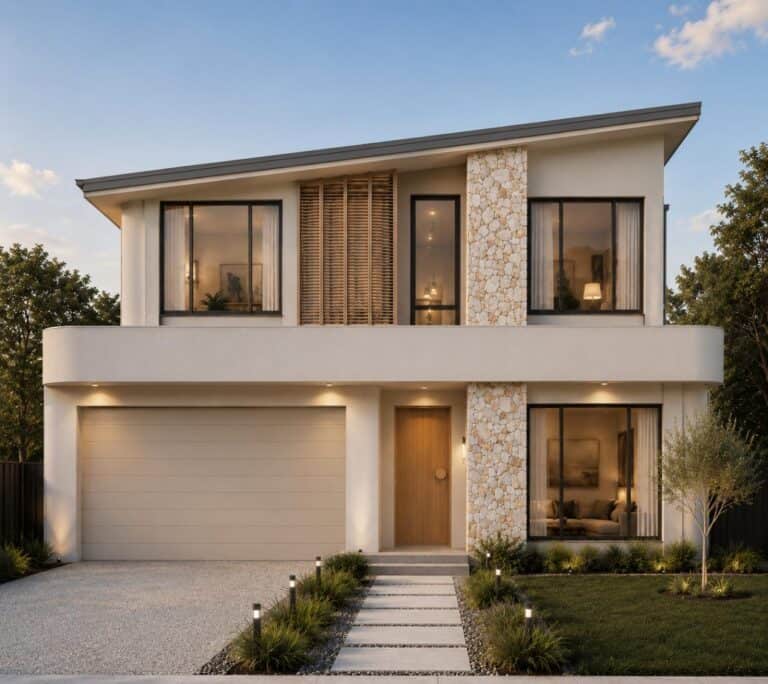 Summit two-storey home design with stone feature and skillion roof in Ashgrove