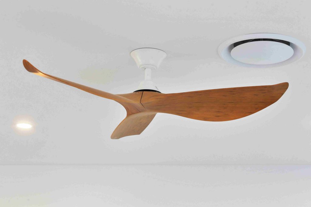 Timber blade ceiling fan and downlights in a Sunnybank custom home